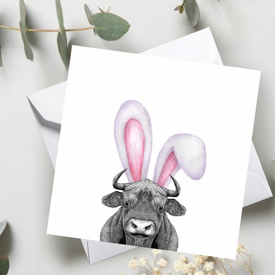 Bunny Ears Cow Card – Spring Greeting, Nature Lover Card