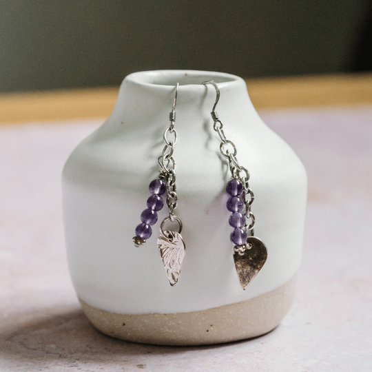 Silver Teardrop and Amethyst Drop Earrings