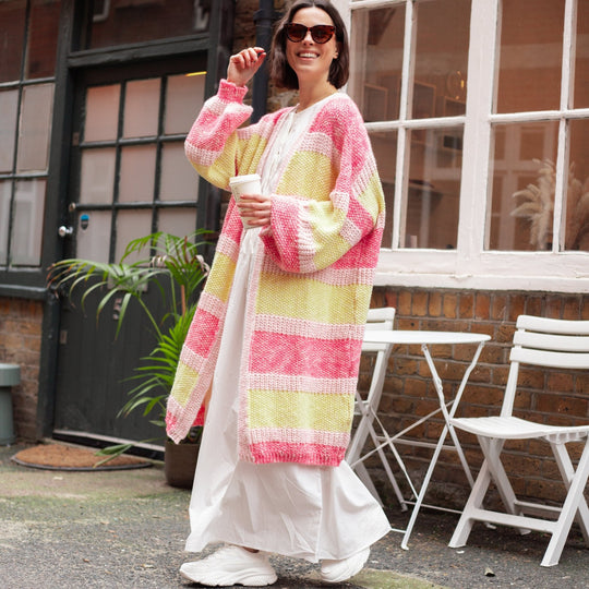 Tracy Stripe Balloon Sleeve Midi Cardigan - Pink