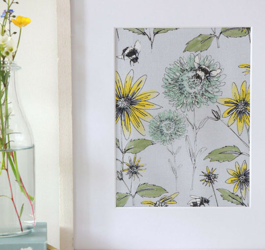 Bumblebee and Flora Grey Mounted Fabric Print