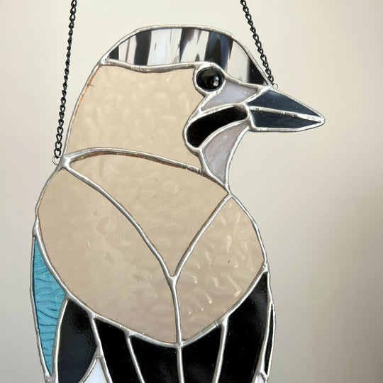 Stained Glass Jay - glass bird suncatcher, blush and blue
