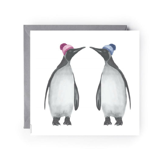 Double the Warmth: Two Penguins in Bobble Hats Winter Wishes Card