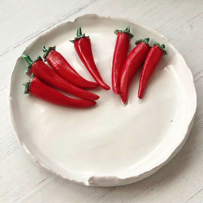 Handmade Ceramic Chillies on a Dish: Seven Chillies on a Round Dish