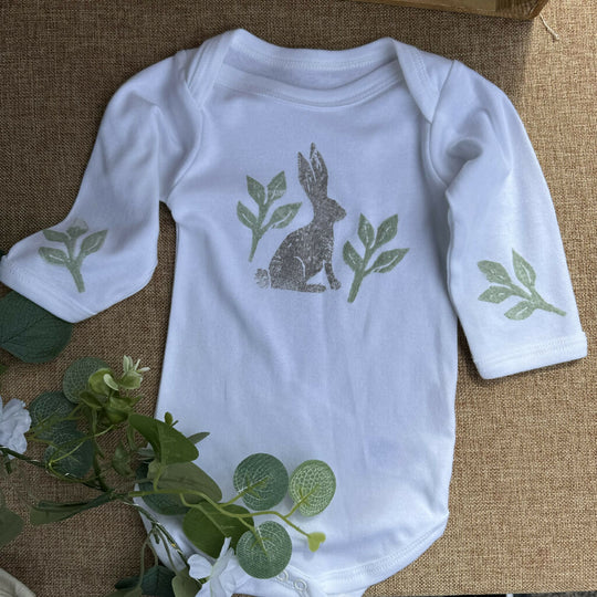 Block printed hare baby grow