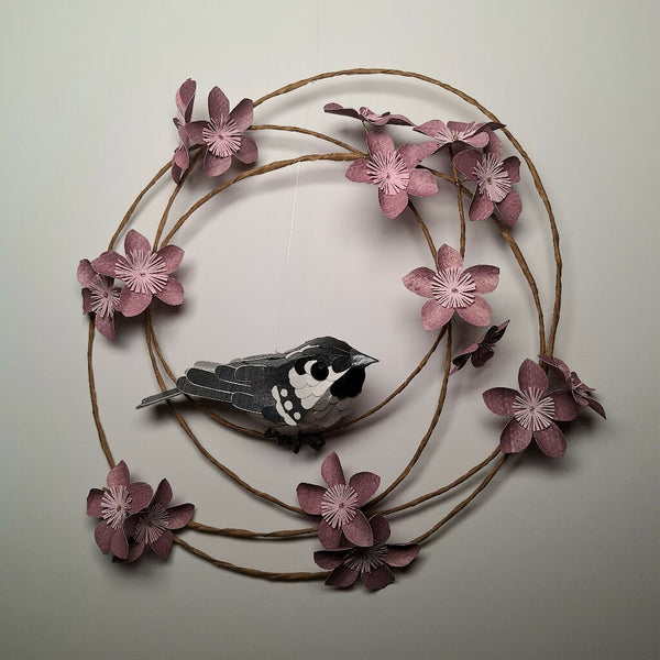 Coal tit bird on a floral wreath handmade paper sculpture wall art