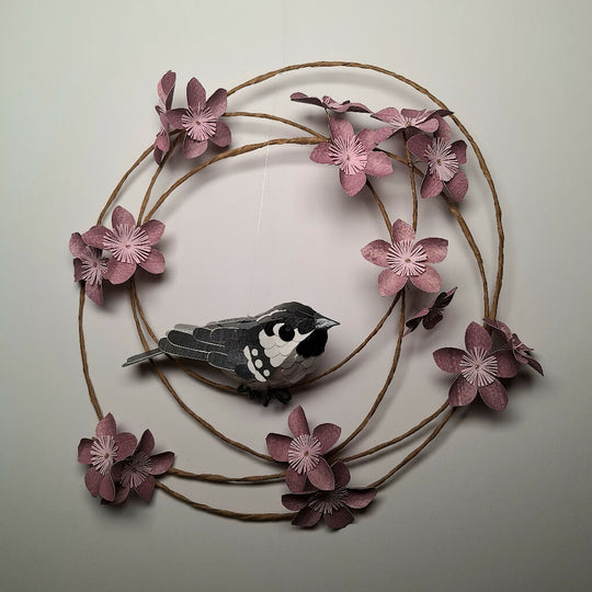 Coal tit bird on a floral wreath handmade paper sculpture wall art