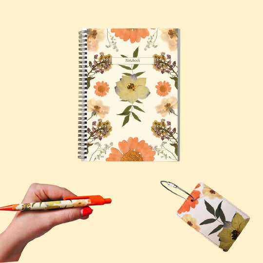 Cream summer stationery set: notebook, luggage tag and pen