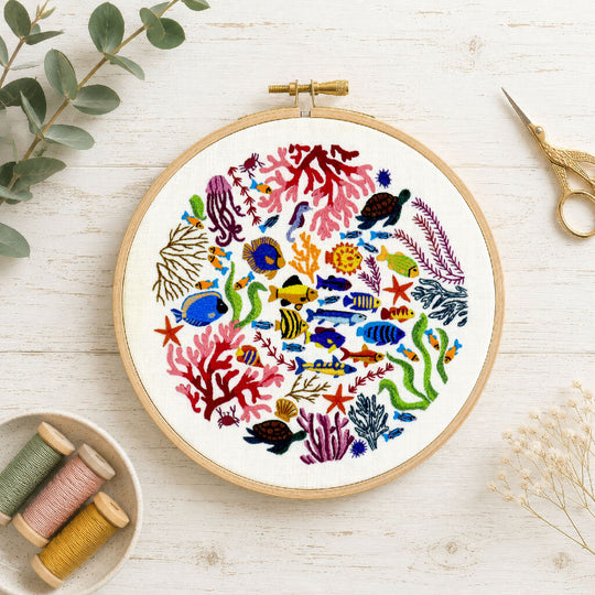 Ocean Wonders Modern Hand Embroidery Kit with Pre Printed Fabric and Colour Pattern