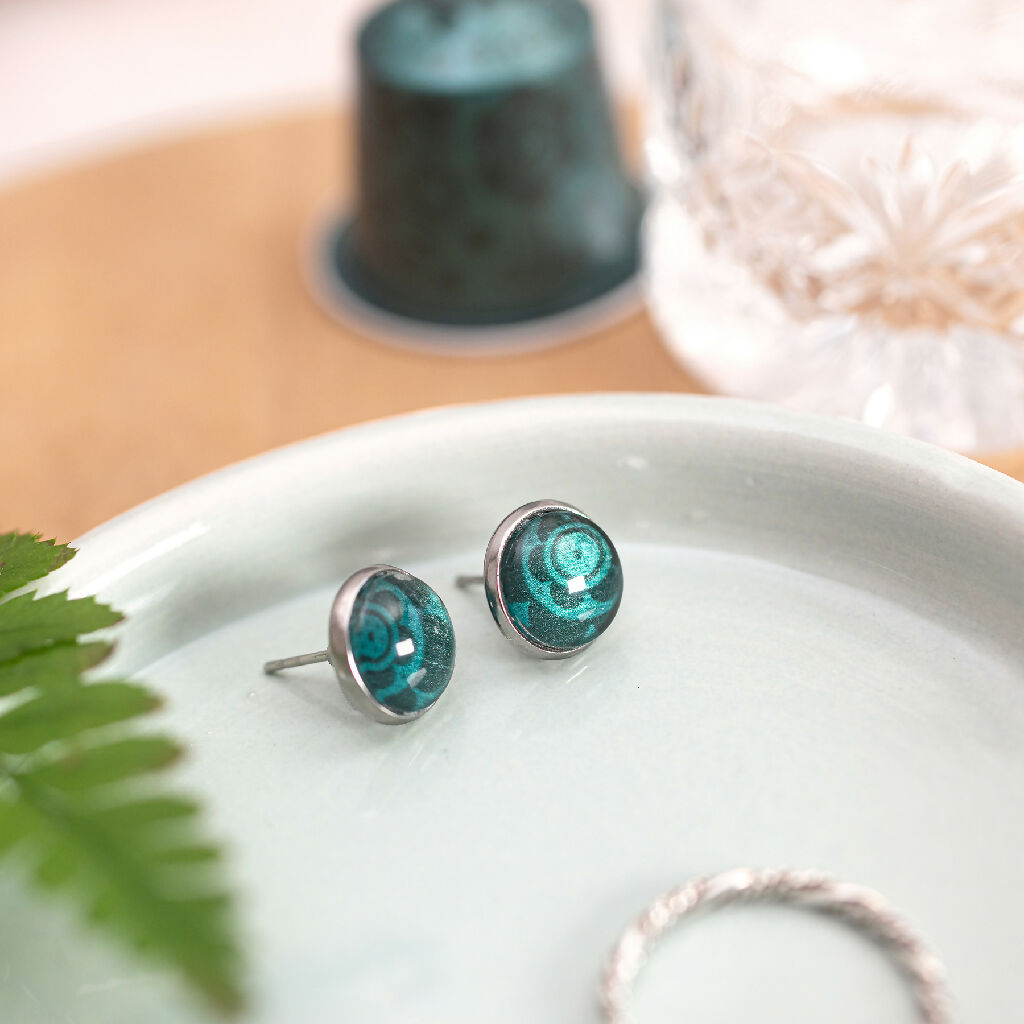 Upcycled Metal Circular Stud Earrings in Green