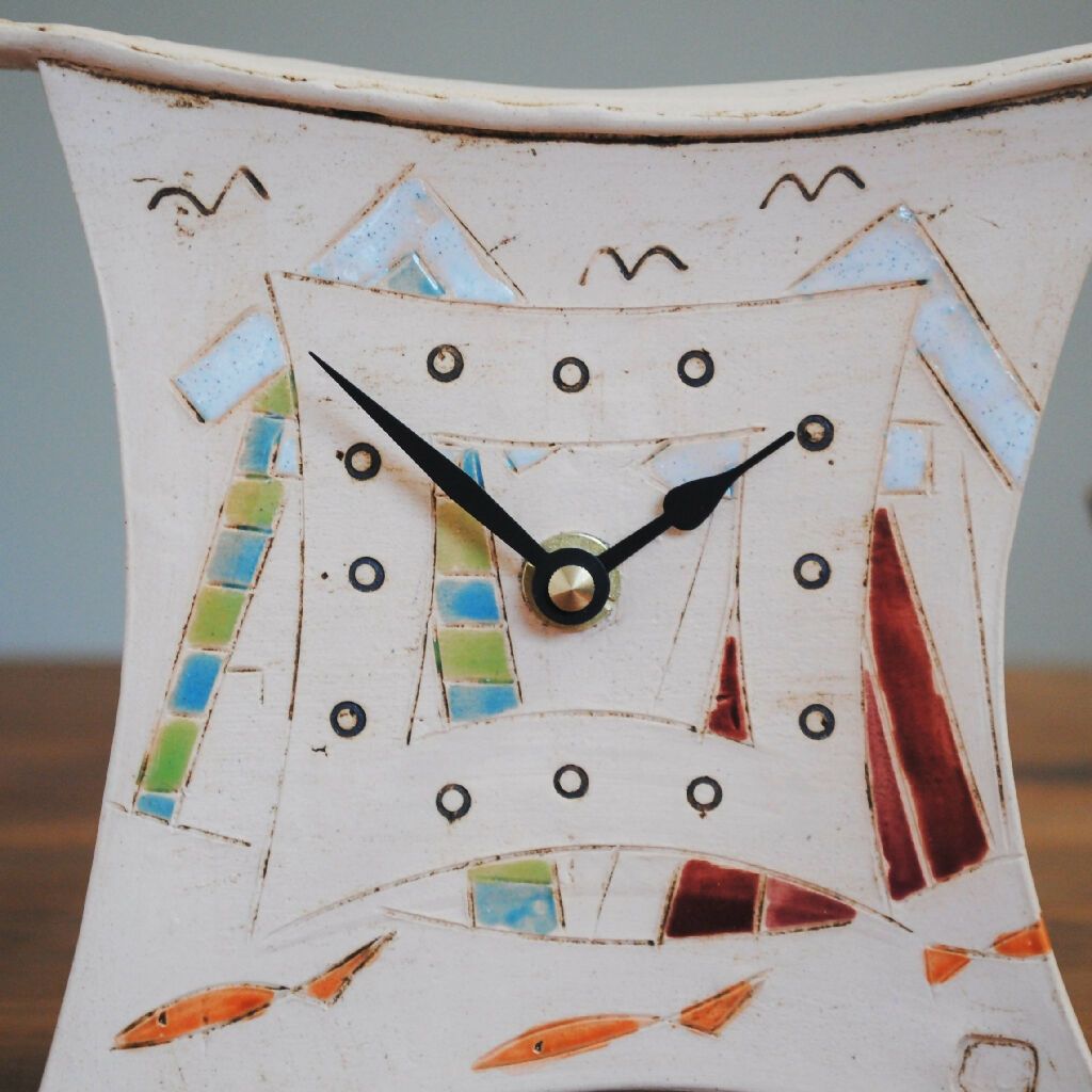 Nautical Ceramic Clock With Beach Huts and Fish