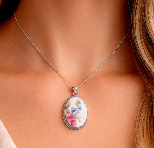 Rose and Forget me not broken china Pendant, Anniversay gift
