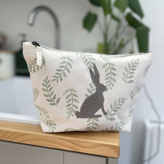 Block printed Hare Medium cosmetic bag