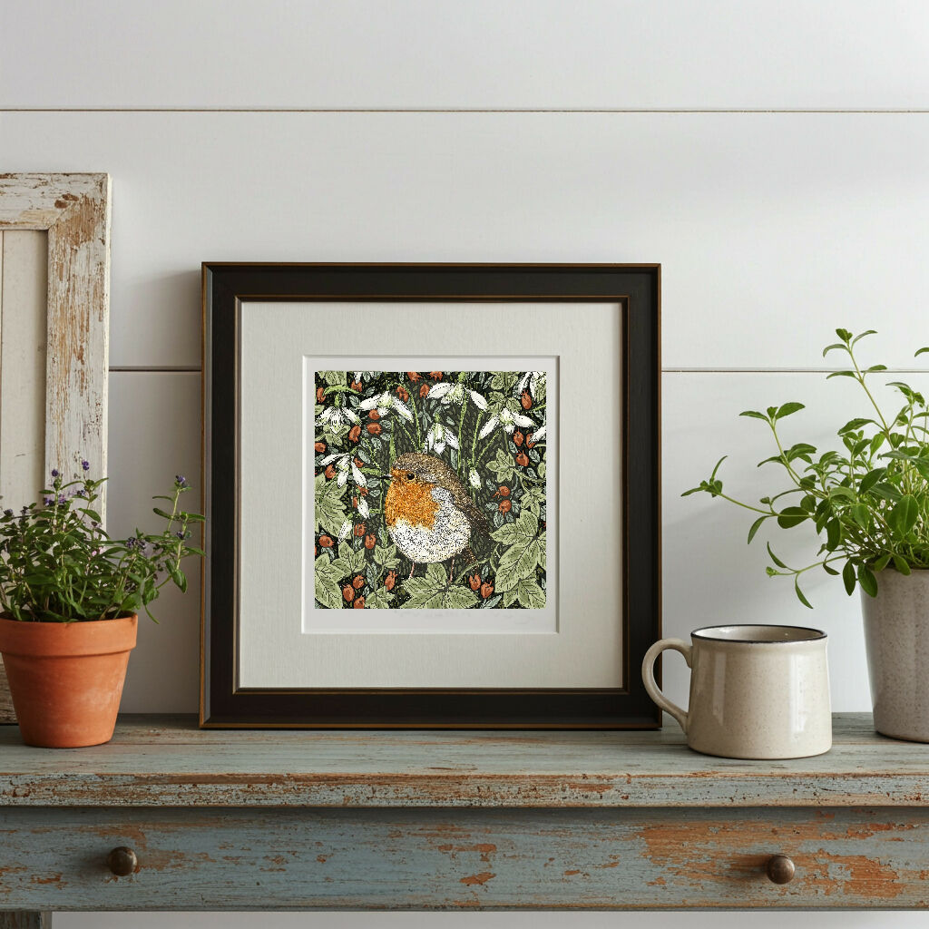 Robin and Snowdrop Signed and Mounted Giclée Art Print
