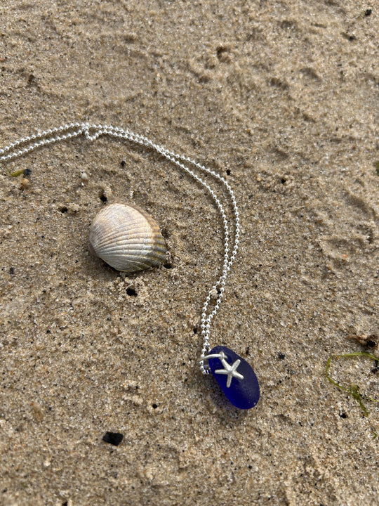 Blue seaglass & silver starfish Necklace