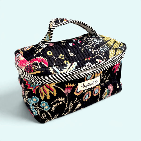 Vanity Bag - Quilted Cotton Toiletry Bag in Black Floral