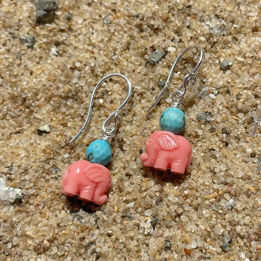 Coral Elephants Turquoise Sterling Silver Earrings
