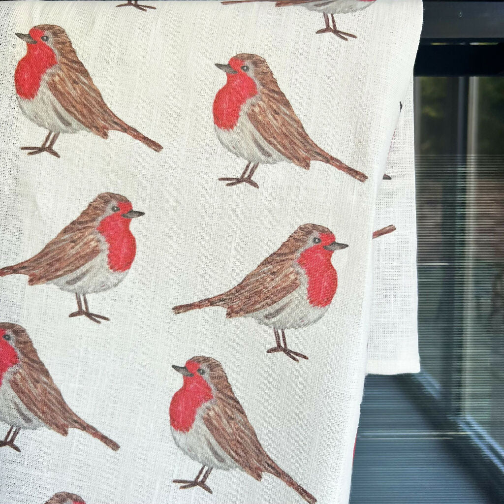 Christmas Linen Tea Towel in Little Robins Design