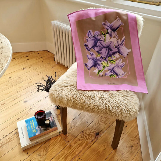 Bellflower Print Cotton Tea Towel in Pink and Beige