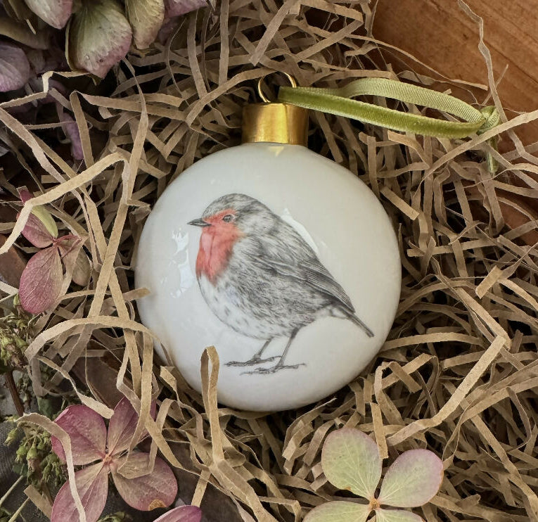Fine Bone China Festive Traditional Robin Christmas Bauble Decoration