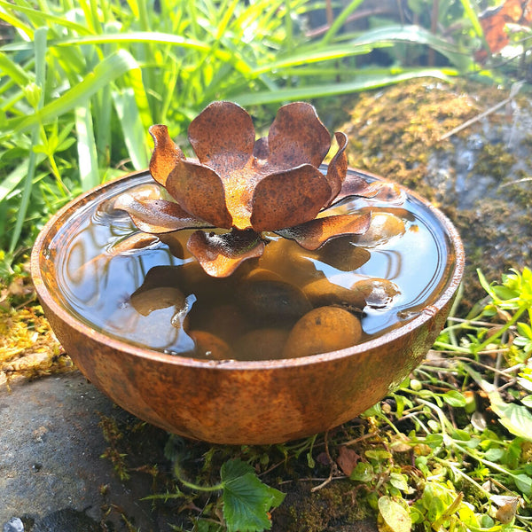Hand-Forged Lily Flower Water Dish. Rustic Steel Garden Sculpture for Wildlife
