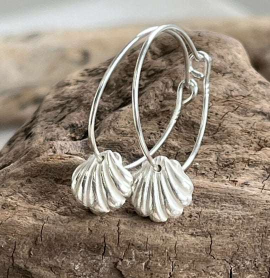 Handmade fine silver shell hoop earrings
