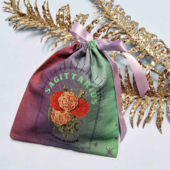 Sagittarius Carnation Birth Flower Gift Pouch in Purple and Green