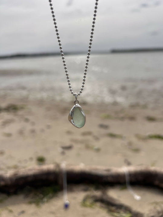 Aqua Green Seaglass recycled silver Necklace