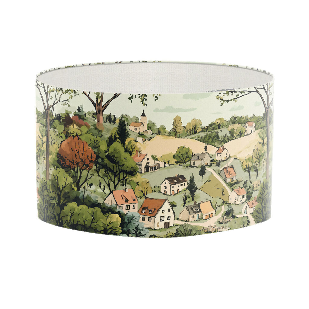 landscape houses farm countryside illustration lampshade handmade lampshade cath kitson style print table lamp floor standard lightshade pastel green brown cream lampshade