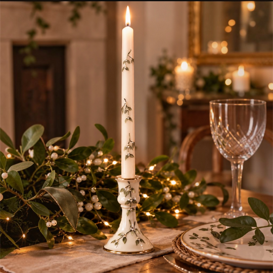 Hand painted Ivory candle in a delicate mistletoe design.