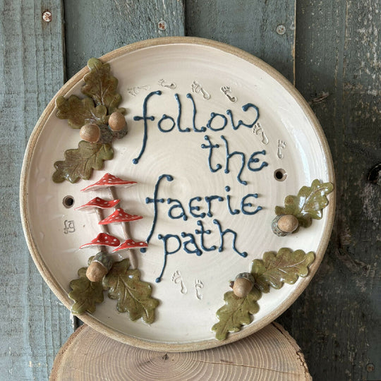 Wall plaque 'follow the faerie path' hand thrown stoneware pottery