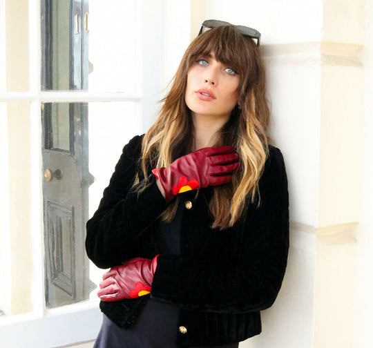 Daisy Leather Gloves in Burgundy, Red and Yellow