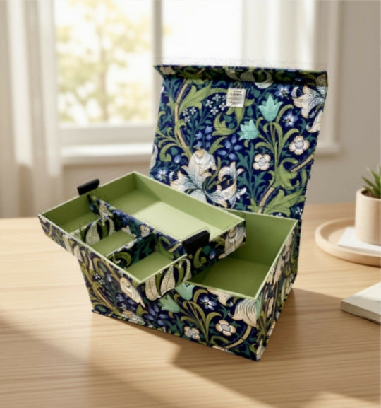 Handmade Golden Lily Jewellery Box | William Morris Fabric Organiser with Removable Tray
