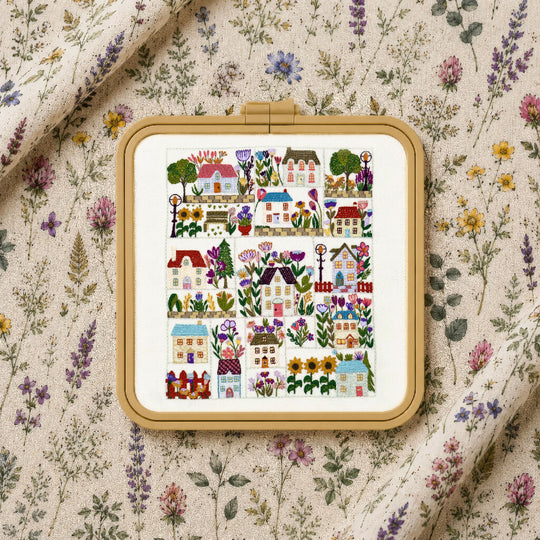 Village in Bloom Hand Embroidery Kit with Pre Printed Fabric and Colour Pattern