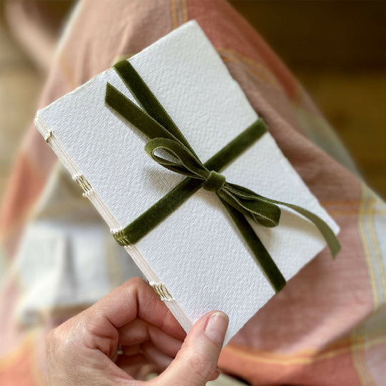 Cotton Rag Notebook: Green Velvet Ribbon, A6 or A5