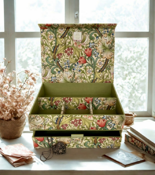 Handmade Golden Lily Box | William Morris Fabric Keepsake Organiser with Magnetic Closure