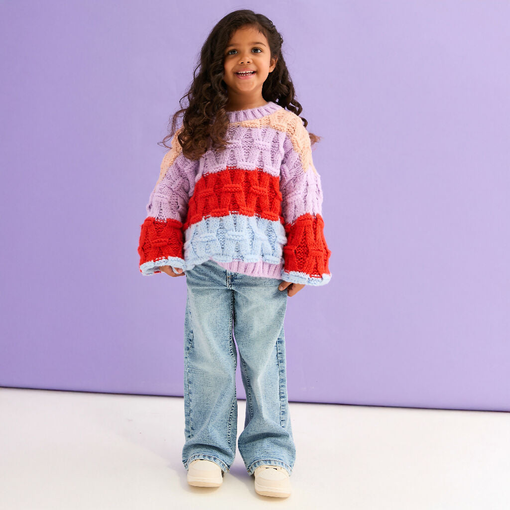 Mandy Kids Criss-Cross Stitch Balloon Sleeve Stripe Jumper