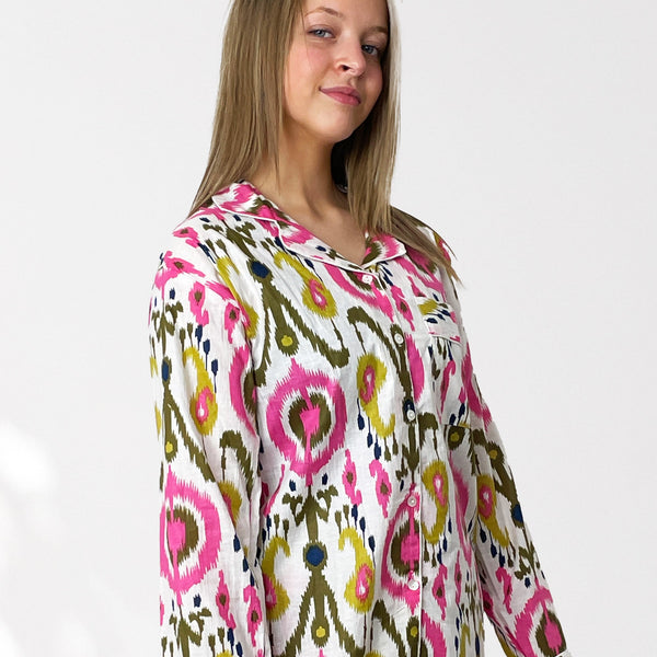 Ikat Print 100% Cotton Long Pyjama Set in White and Print