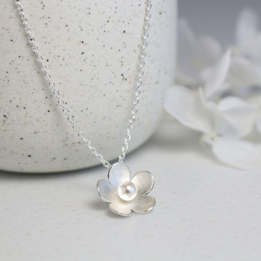 Silver Blossom and Pearl Necklace