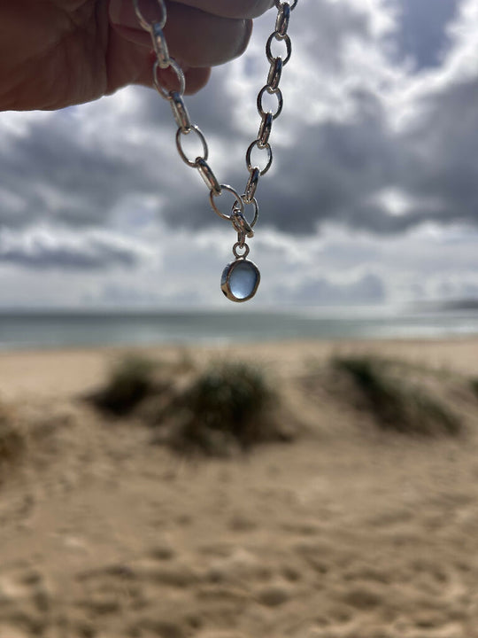 Blue Seaglass silver chunky chain bracelet