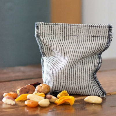 Striped Reusable Linen Snack Bag Dark Blue & Natural Stripes