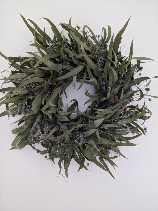 Handmade Wreath Crafted From Dried Eucalyptus And Blue Eryngium Thistle