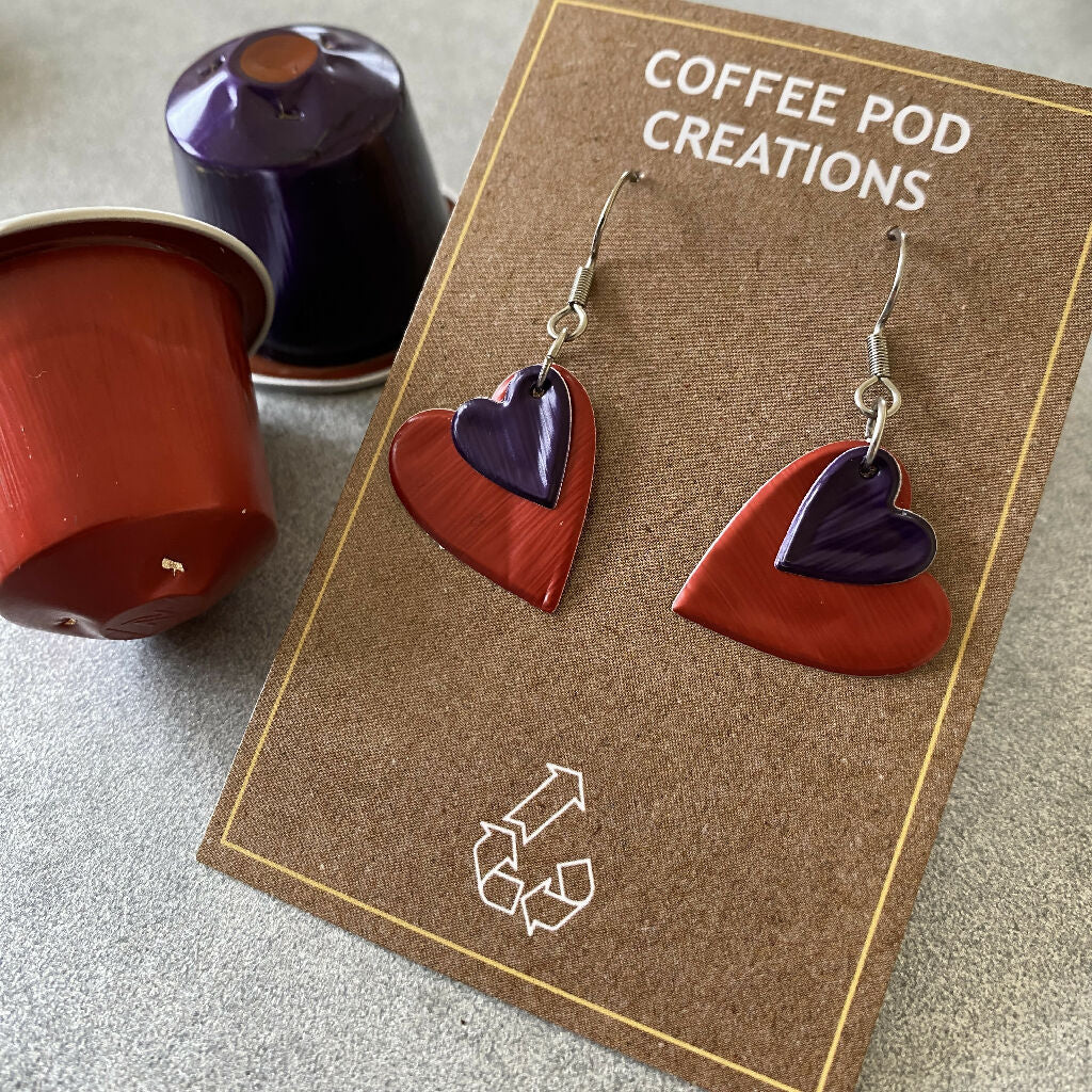 Recycled Metal Heart Earrings in Red and Purple