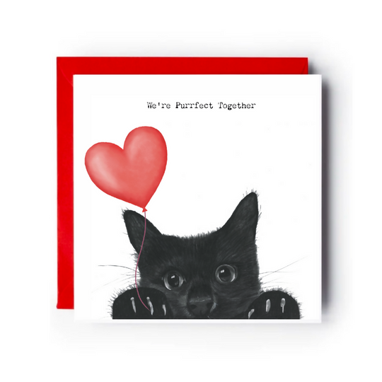 We Are Purrfect Together Peeking Cat Card – Cute Cat Love Card with Heart Balloon