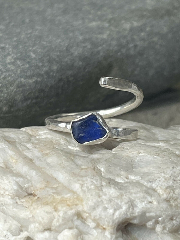 Adjustable cobalt blue sterling silver sea glass ring
