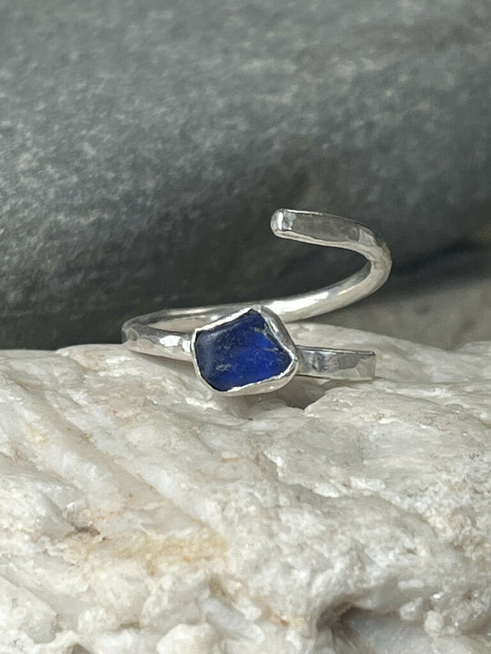 Adjustable cobalt blue sterling silver sea glass ring