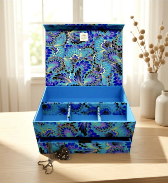 Handmade Golden Peacock Jewellery Box | Multipurpose Fabric Organiser with Magnetic Closure