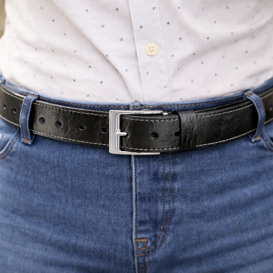 Black Leather Belt with White Stitching - Narrow Width