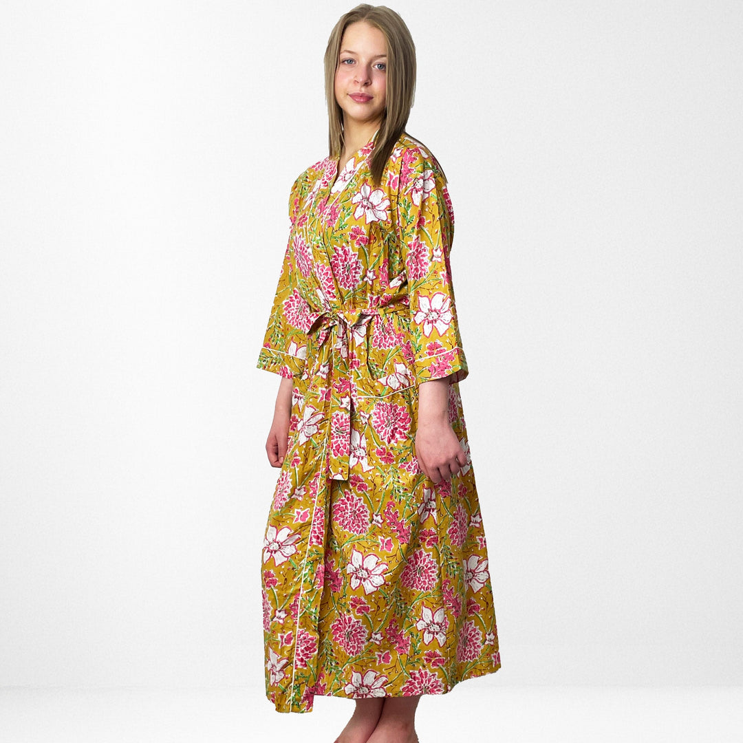 Yellow floral print lightweight cotton dressing gown