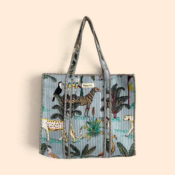 Jungle Print Large Quilted Cotton Tote Shoulder Bag in Light Blue
