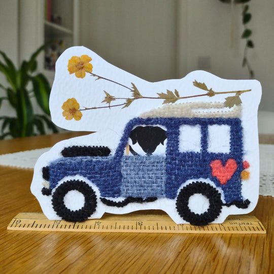 Hand Embroidered Land Rover Artwork on Vintage Ruler